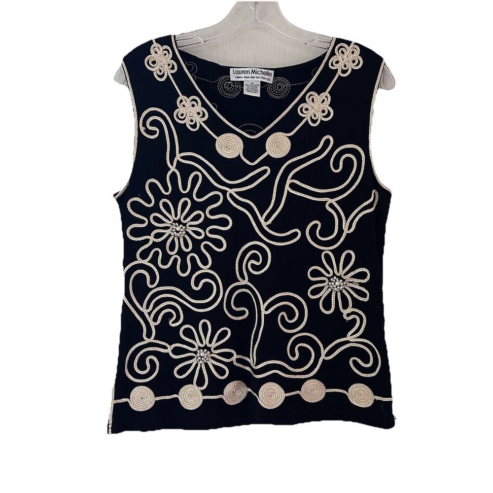 Vintage Lauren Michelle Beaded Floral Knit Sweater Vest Womens M Black Sequined - Picture 2 of 14
